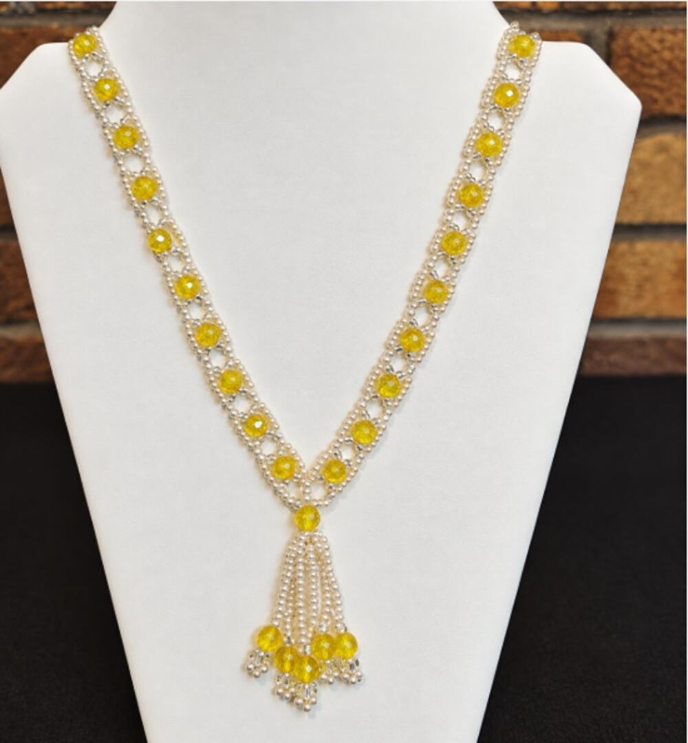 Vintage Woven Seed Bead Necklace with White Beadwork & Yellow Beads